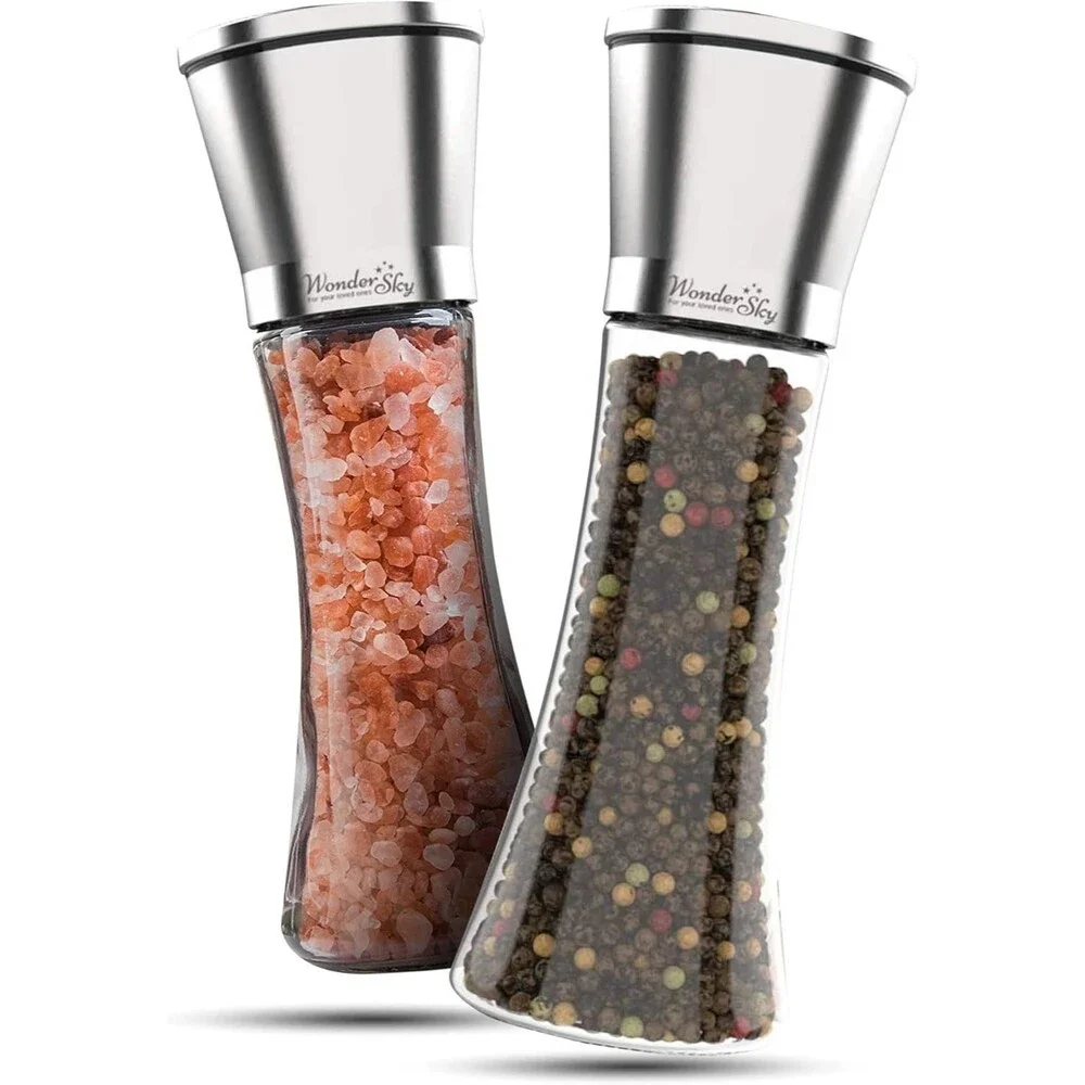 Set of 2 Salt and Pepper Grinder, Tall Glass Salt Pepper Grinder Set Refillable